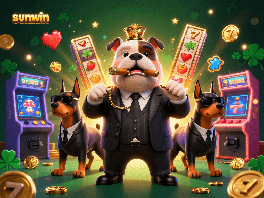 Experience thrilling slot action at sunwin with a mafia boss bulldog amidst jackpot reels and vibrant game elements.