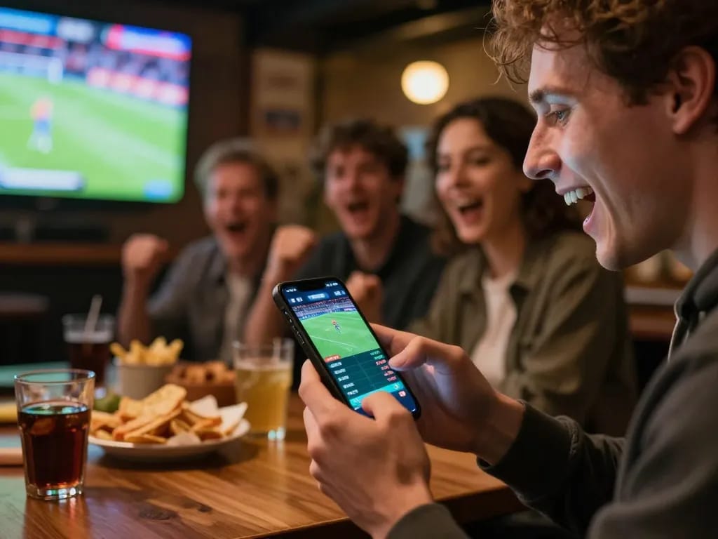 Exciting sports betting moment with 1gom smartphone app capturing live odds in a vibrant social setting