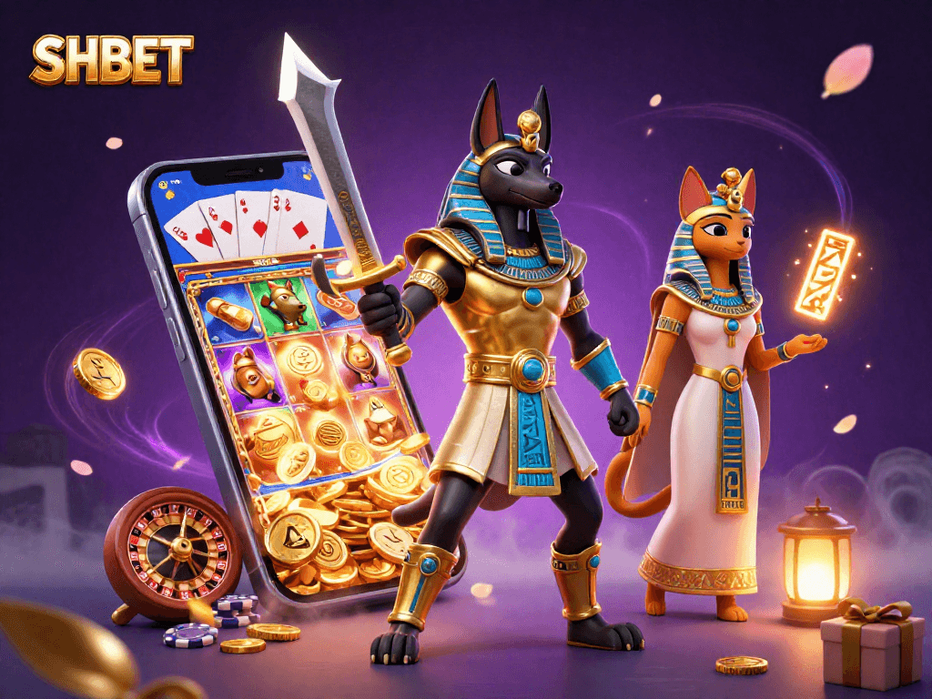 Engage with SHBET's thrilling gaming world featuring an Anubis warrior and casino excitement.