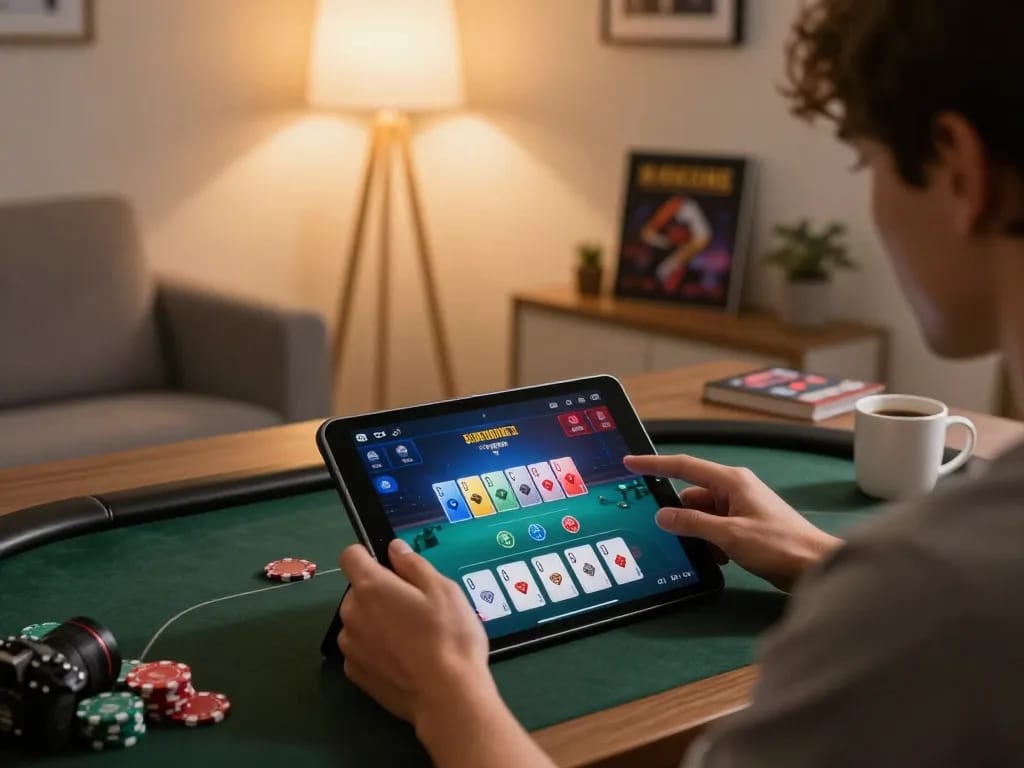 Engaging gameplay on a sun win online poker tablet in a cozy home setting.