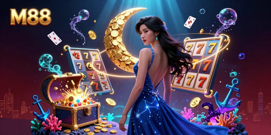 M88 captivates gamers with vibrant slot reels and enchanting designs in this rich casino illustration.
