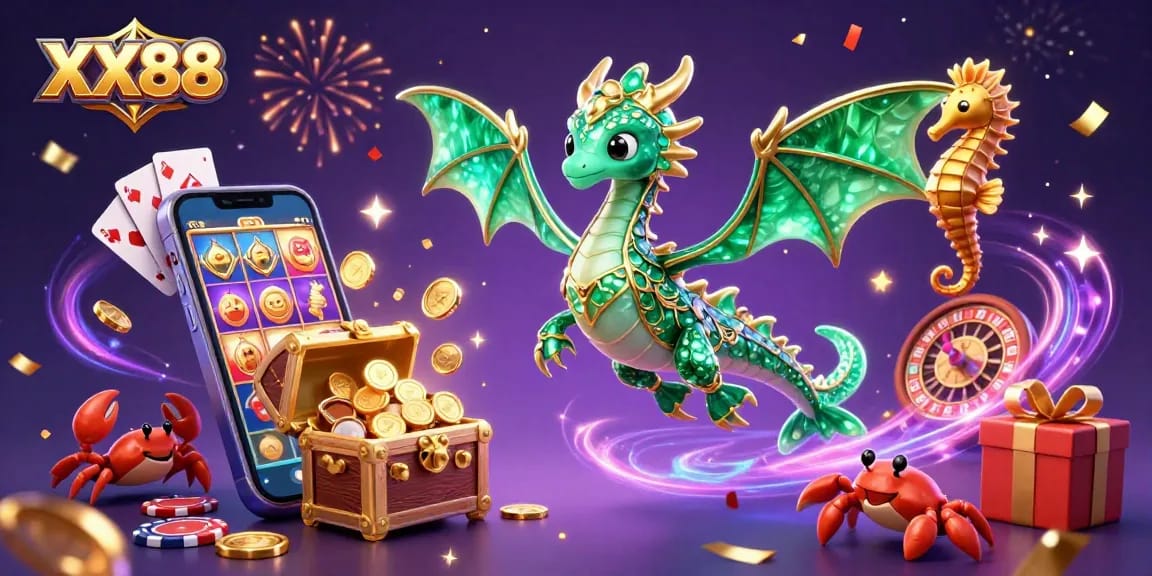 Engage with the vibrant world of XX88 as a sea dragon and crabs play amidst casino games.