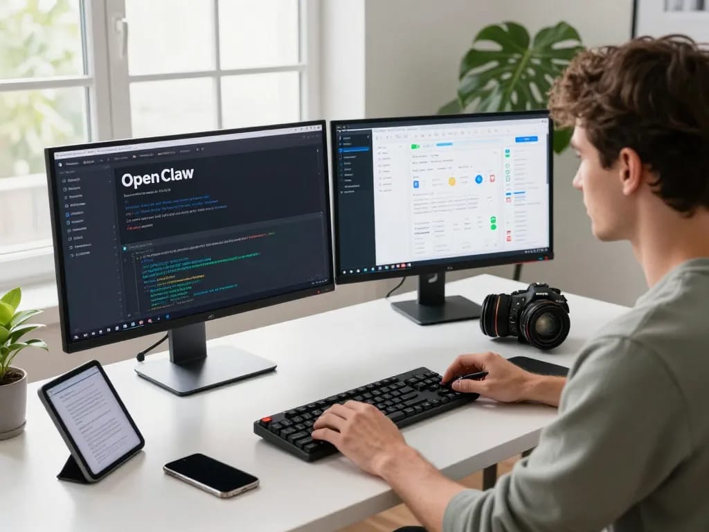 OpenClaw developer working on dual monitors in a modern tech workspace.