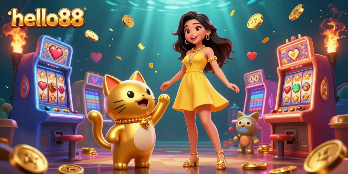 Experience gaming excitement with hello88's vibrant slot games and the lucky cat in a colorful casino atmosphere.