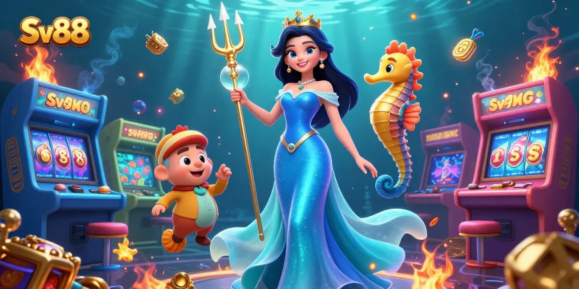 Experience the excitement of Sv88 as a stunning woman shares a glowing pearl with a trident-wielding seahorse king in a vibrant casino scene.