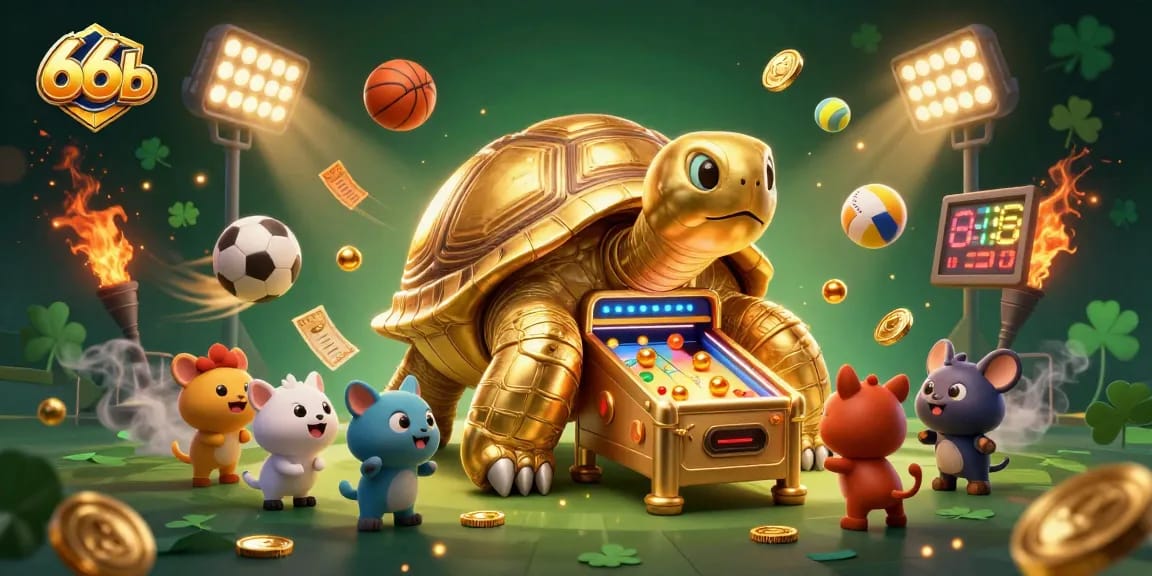 Engage in thrilling gameplay at 66b with a golden tortoise pinball machine and dynamic sports elements.