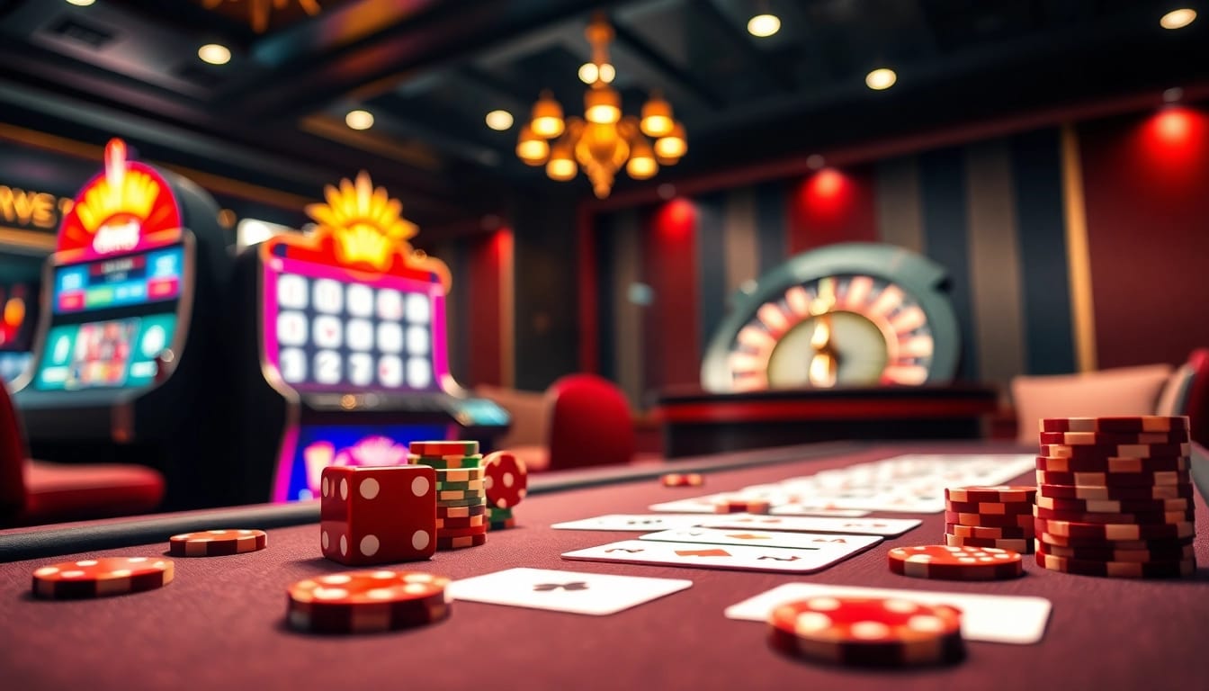 Engage with the exciting world of e28 my casino gaming featuring vibrant tables, cards, and roulette wheels.