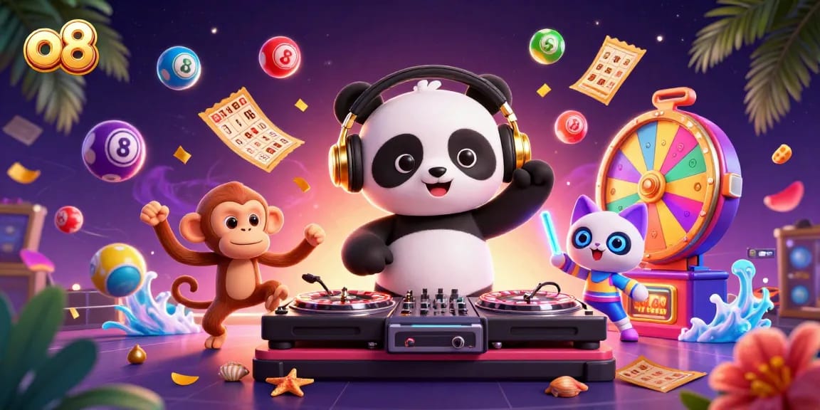 o8 spins vibrant lottery balls in a colorful casino scene with energetic cartoon characters