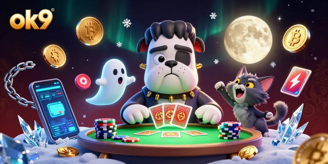Experience the excitement of ok9 with a vibrant casino scene featuring a Frankenstein bulldog and magical elements.