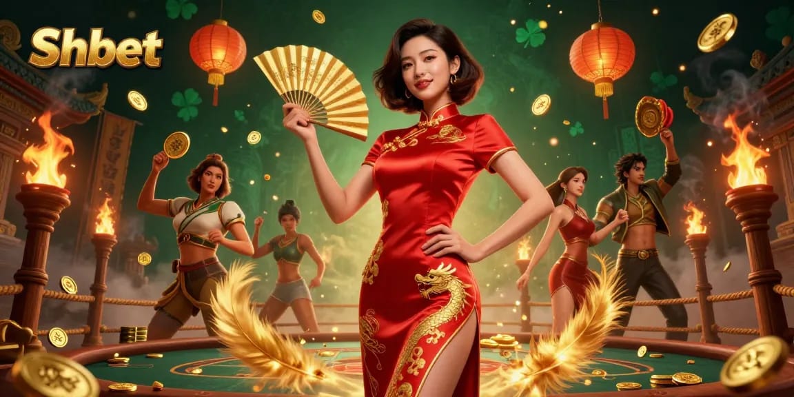 Engage with Shbet's exciting casino experience featuring a stunning woman in a crimson qipao surrounded by gold coins.
