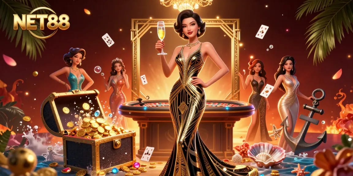 Experience the elegance of NET88 with a glamorous Asian woman amidst casino treasures.