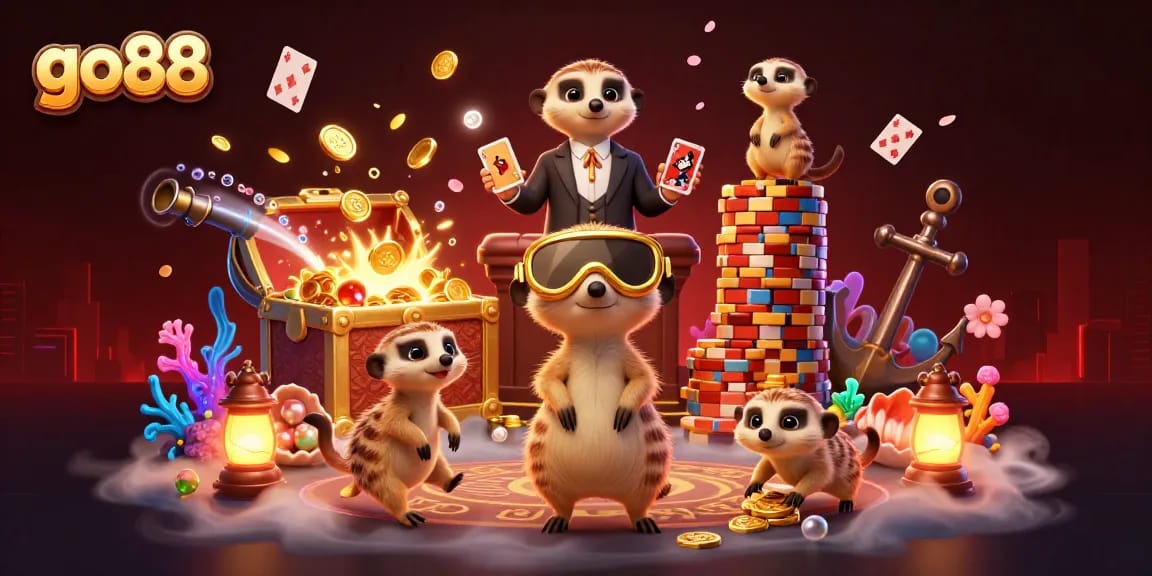 Engage with go88’s lively arcade of meerkats, showcasing a dynamic casino scene with vibrant elements.