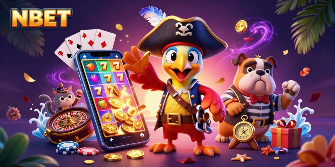 Experience NBET slots excitement with colorful characters in a captivating casino scene.