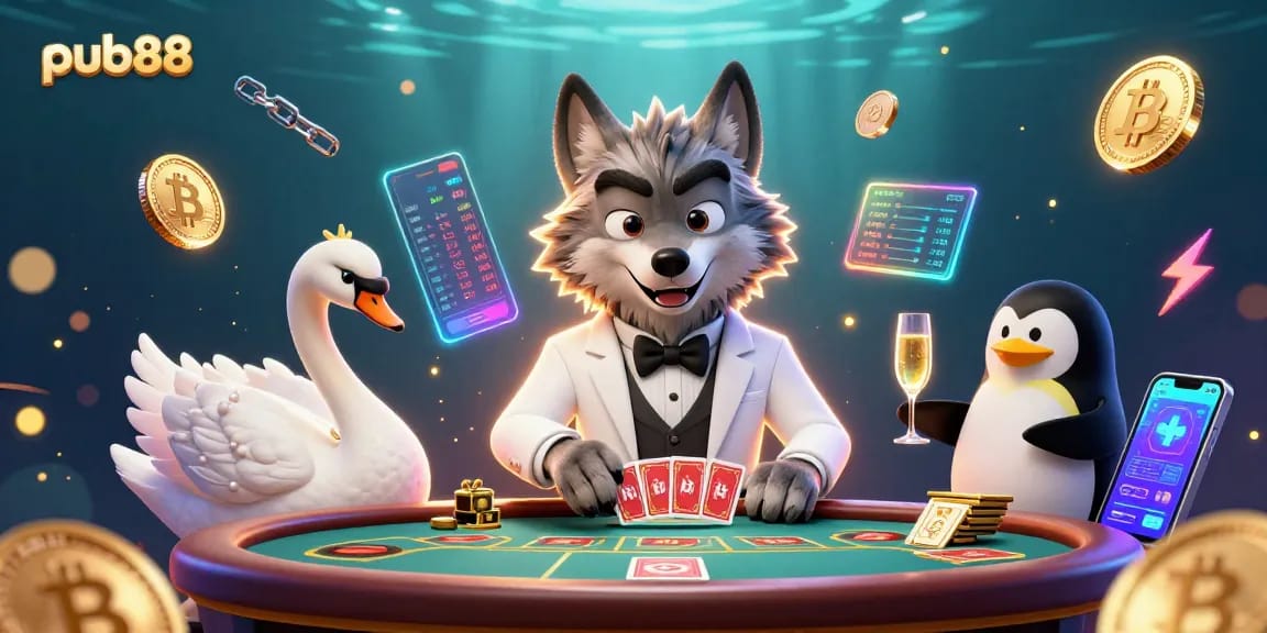 Experience thrilling baccarat at pub88 with animated wolf, swan, and penguin amid sparkling crypto elements.