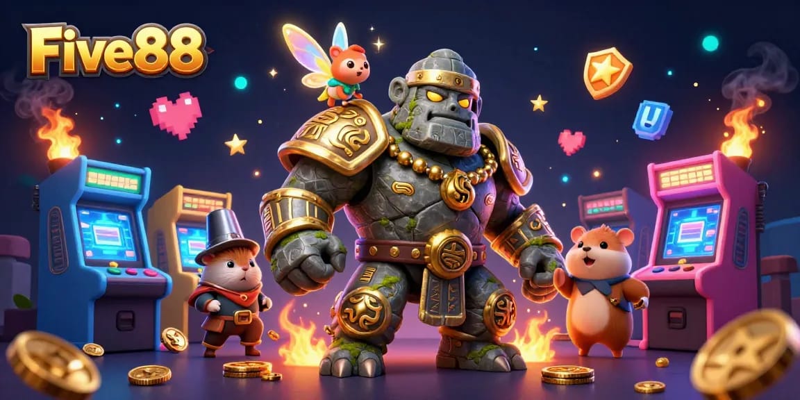 Experience the magic of Five88 in this vibrant 3D casino illustration showcasing thrilling game elements.