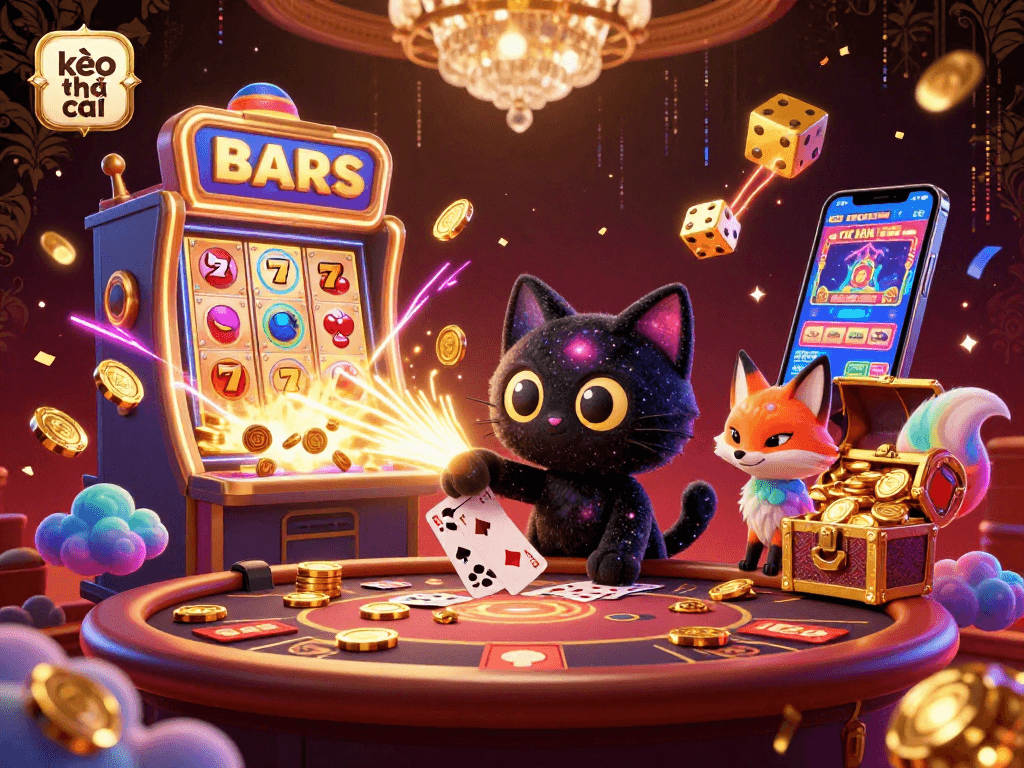 Engage in exciting gaming with kèo nhà cái in this dynamic cosmic casino scene featuring vibrant game elements.