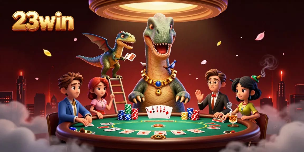 Experience the excitement of 23win, featuring cartoon dinosaurs in a dynamic casino scene.