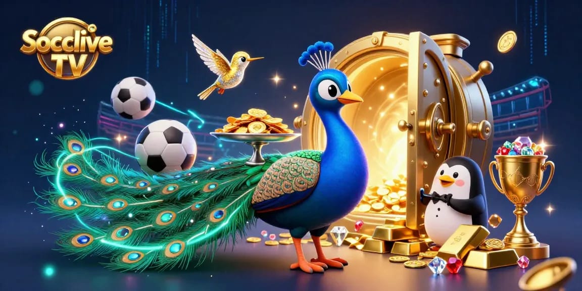 Socolive TV engages football betting with sparkling gold elements and vibrant characters in a dynamic atmosphere.