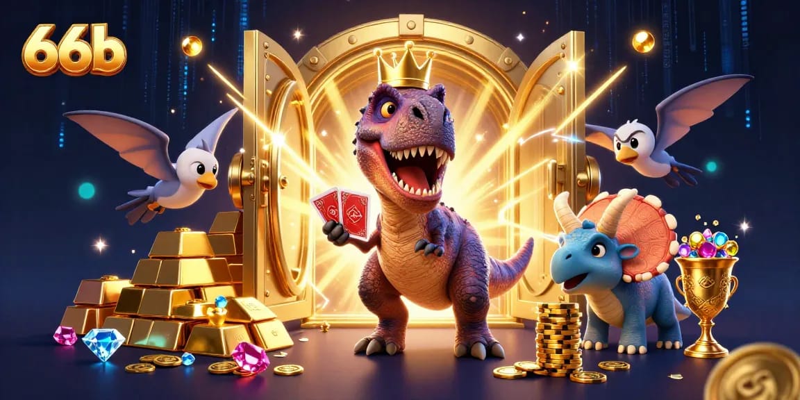 Engage in thrilling card games at 66b while colorful dinosaurs stack gold chips and gems.