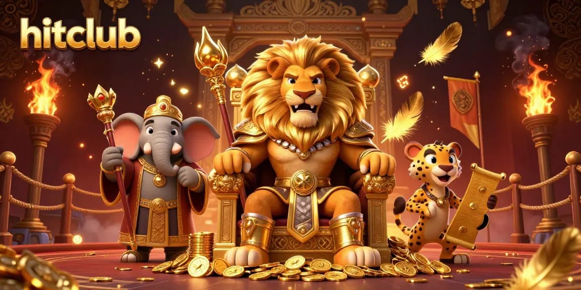 Join the excitement at hitclub with a fierce lion king and his advisors in a vibrant casino scene.