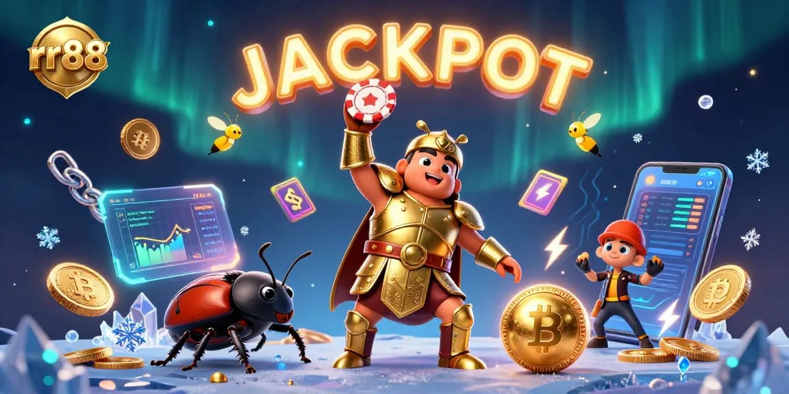 Spin the big wins with rr88's vibrant jackpot scene featuring lucky elements.