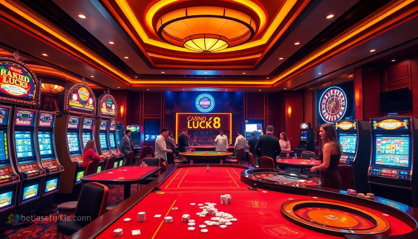Exciting gaming action at CASINO LUCK8 with players enjoying slot machines and poker tables.