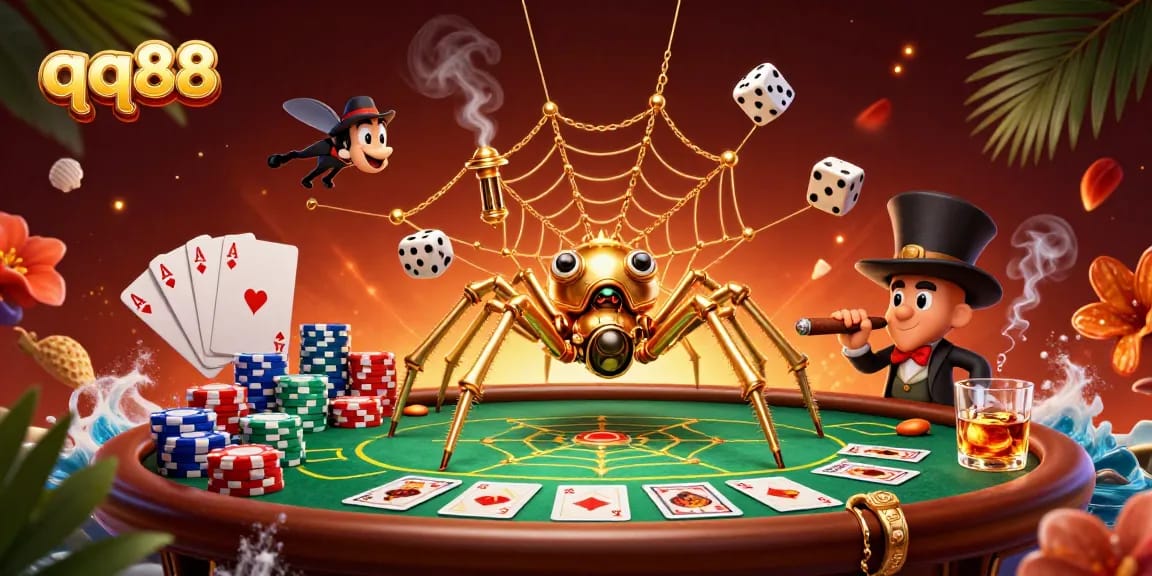 Engage with qq88's captivating gaming experience, featuring a steampunk spider and poker elements.
