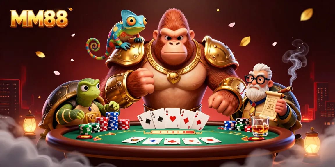 Engage in thrilling MM88 poker action with a powerful gorilla hero and lively gambling elements.