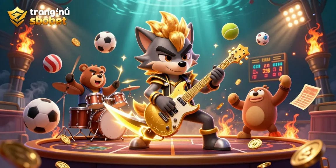 Experience dynamic gaming energy on trang chủ sbobet with a rock star wolf and sports balls in motion.