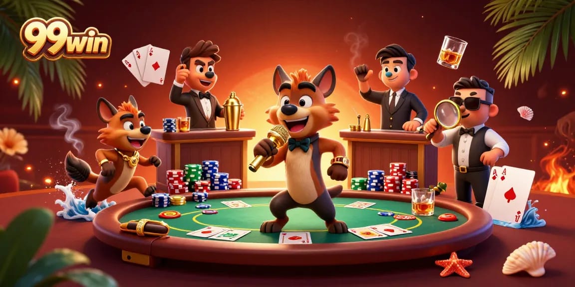 Experience thrilling casino fun with 99win's vibrant hyena comedy club atmosphere.