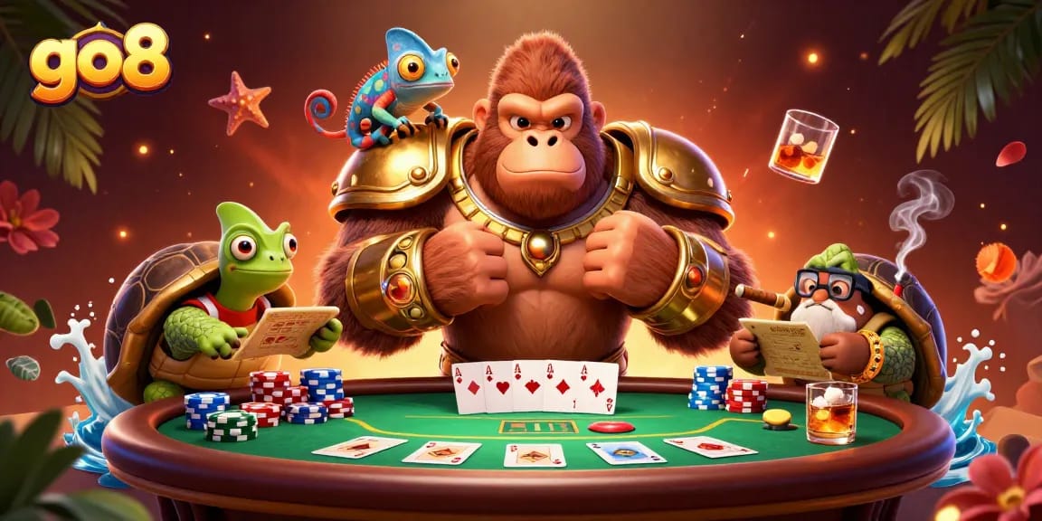 Experience the excitement at go8 with a powerful gorilla, chameleon, and tortoise at a vibrant poker scene.