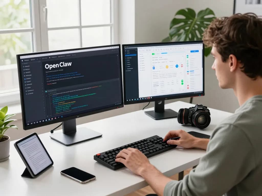 OpenClaw developer working on dual monitors in a modern tech workspace.