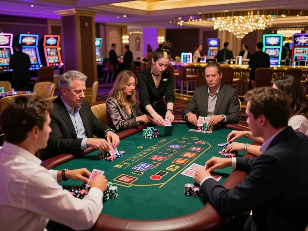 Players at the 88คลับ blackjack table placing bets in an upscale casino setting.