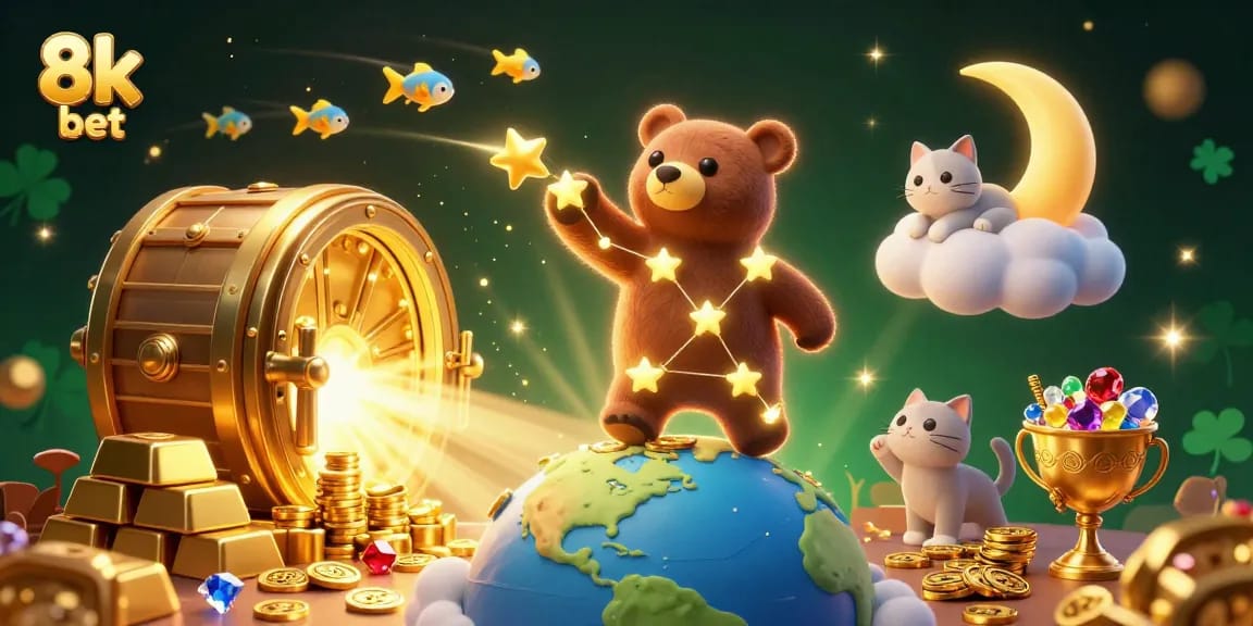 Play with luck at 8k bet, where a constellation bear and treasures sparkle in a vibrant casino scene.