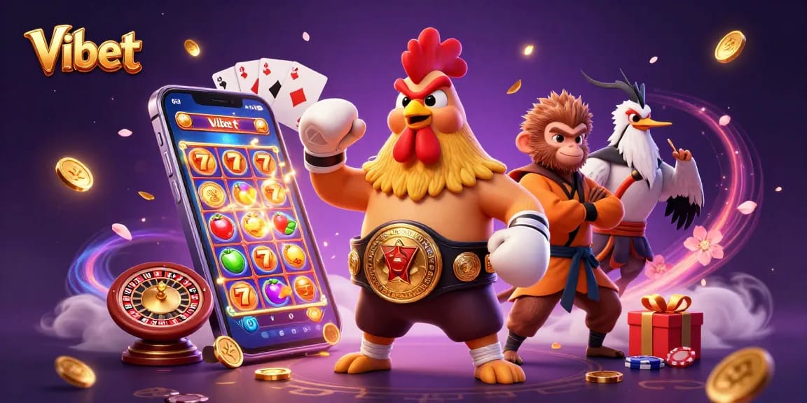 Engage in thrilling gameplay with Vibet's vibrant casino illustration featuring a Muay Thai rooster, Shaolin monkey, and crane master.