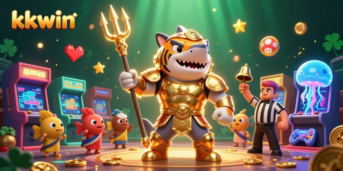 Engage in thrilling gameplay at kkwin, featuring vibrant casino action with a shark and fish characters.