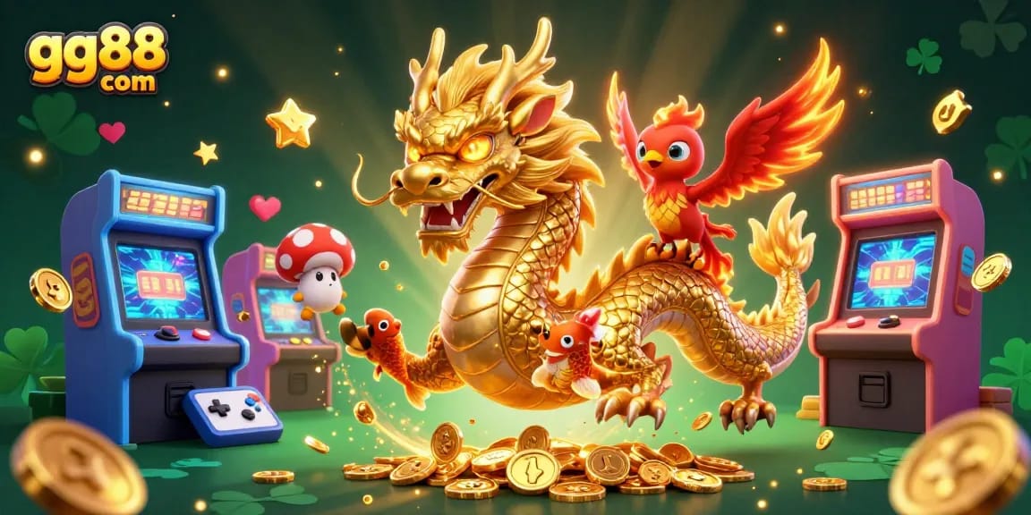 Experience excitement at gg88 com with a dynamic illustration of a dragon, phoenix, and koi in a casino setting.