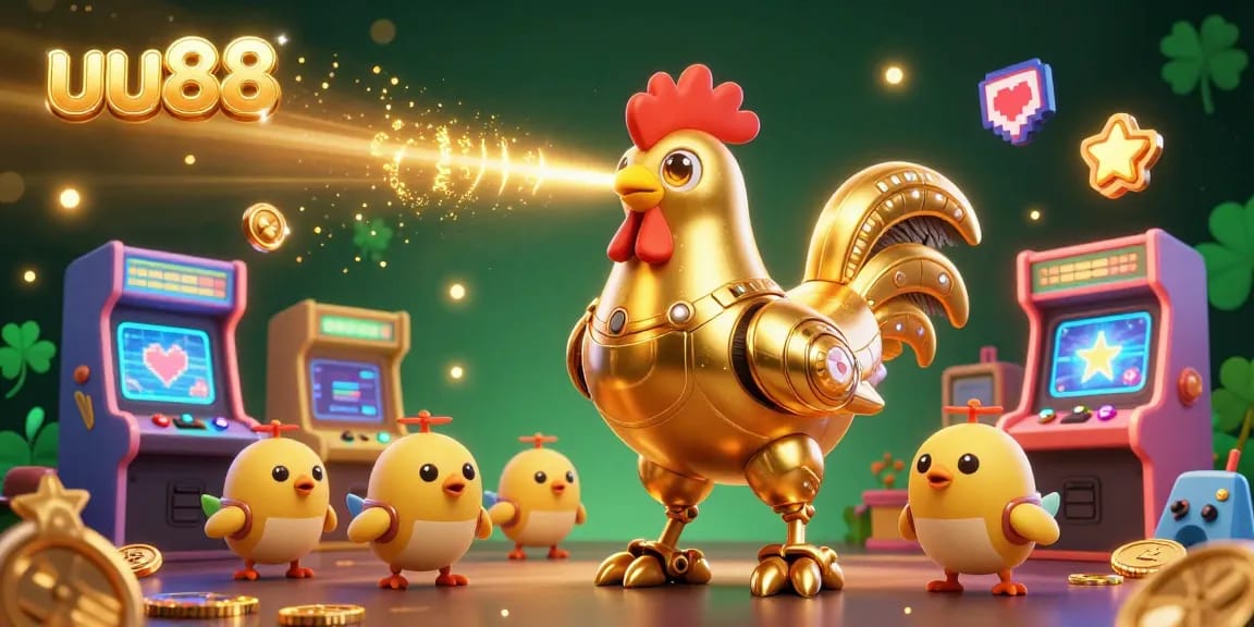 Engage in thrilling games at uu88 with a colorful 3D illustration, featuring the golden rooster and chicks in a vibrant casino setting.