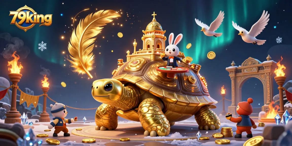 Experience the excitement of 79king casino with golden coins flying around a giant tortoise.