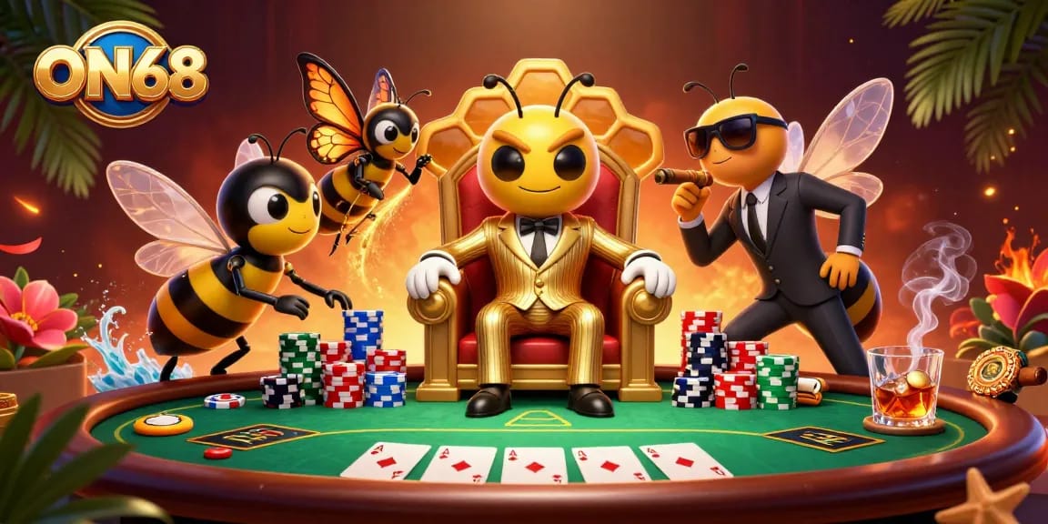 Engage with ON68's vibrant 3D illustration showcasing a bumblebee mob boss amidst poker games and golden elements.