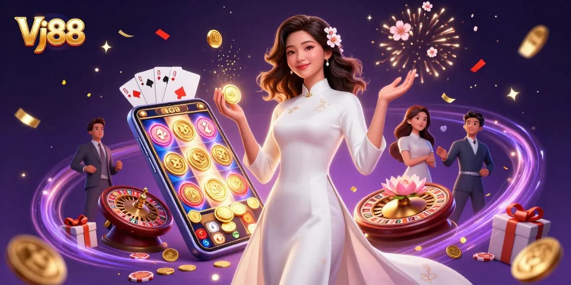 Engage with Vj88's thrilling slots and casino experiences while admiring the vibrant 3D illustration