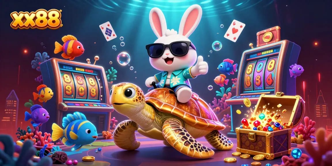 Engage with the excitement of xx88 as a lucky rabbit embraces adventure in a vibrant underwater casino.