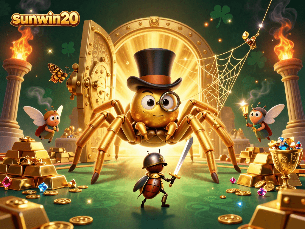 Engage with sunwin20 in a vibrant casino scene filled with dazzling golden treasures and characters.