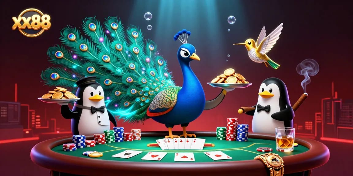 Experience winning strategies at xx88 with a vibrant 3D casino scene featuring poker elements.
