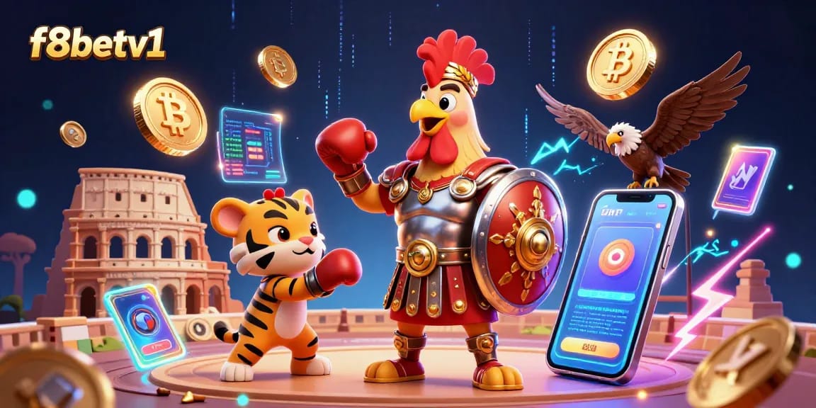 Engage in thrilling bets with f8betv1, featuring dynamic 3D illustrations of a gladiator rooster in a vibrant casino arena.