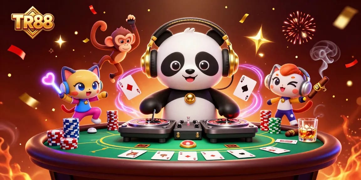 Experience the excitement of TR88 with vibrant characters and dynamic casino elements in this lively digital scene.