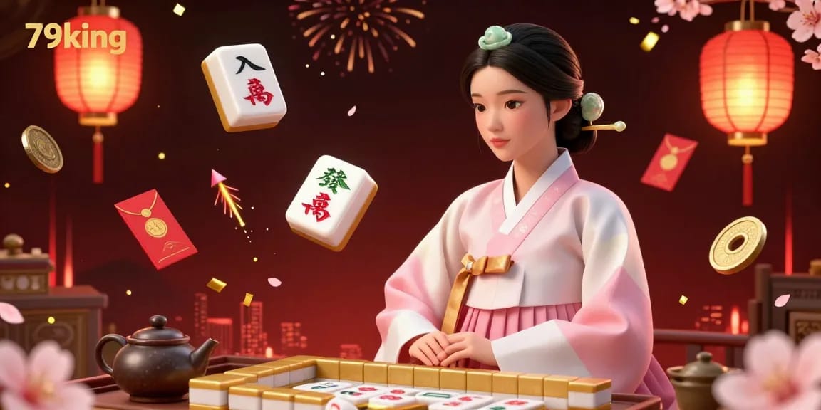 Engage with the captivating 79king casino scene featuring a serene Asian woman and golden mahjong tiles.
