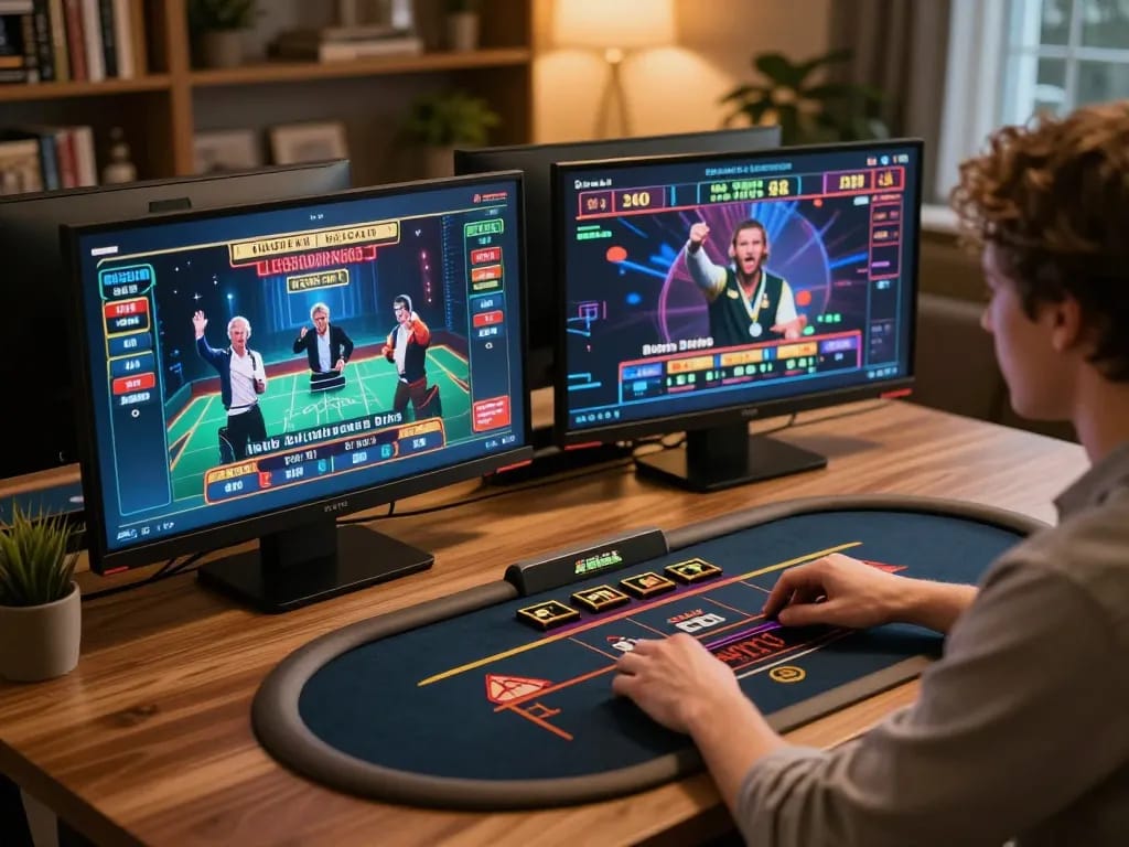 XX88 player engaged in strategic gameplay on dual screens while enjoying a cozy home environment