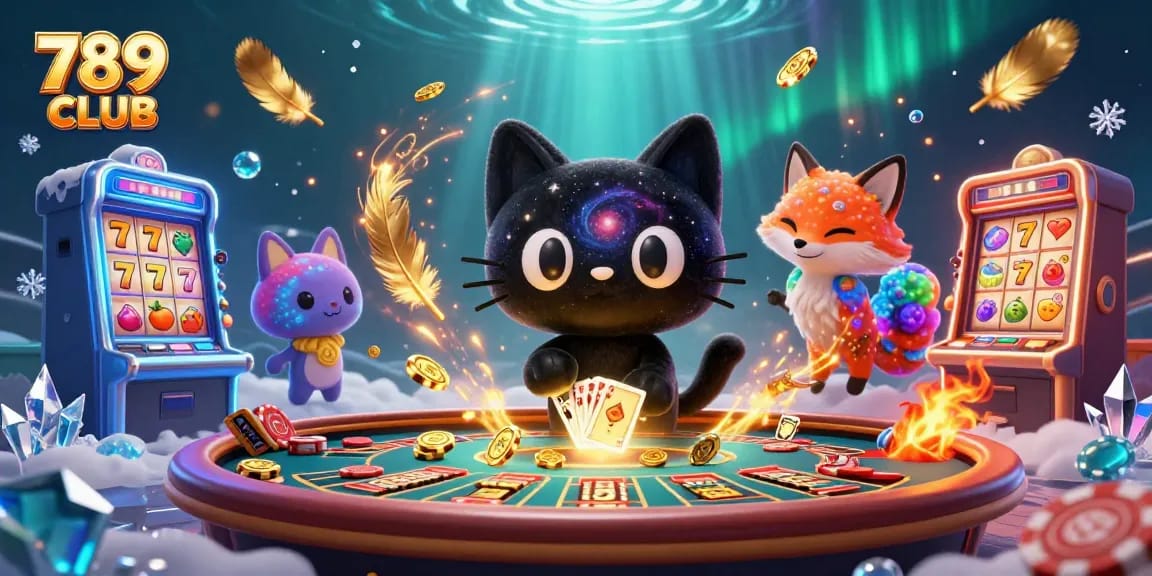 Engage with thrilling games at 789 CLUB, where a cosmic cat and a nebula fox create magic at the casino table.