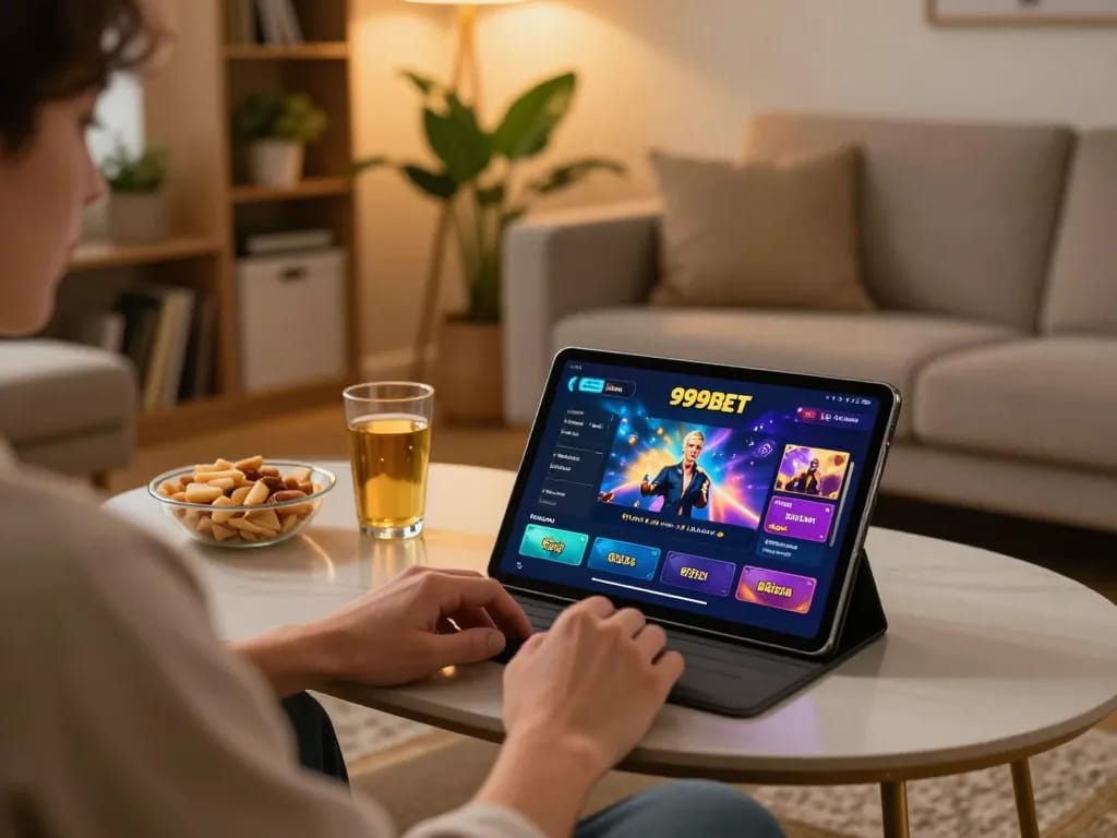 Player enjoying the 999bet online casino app on tablet in a cozy home setting